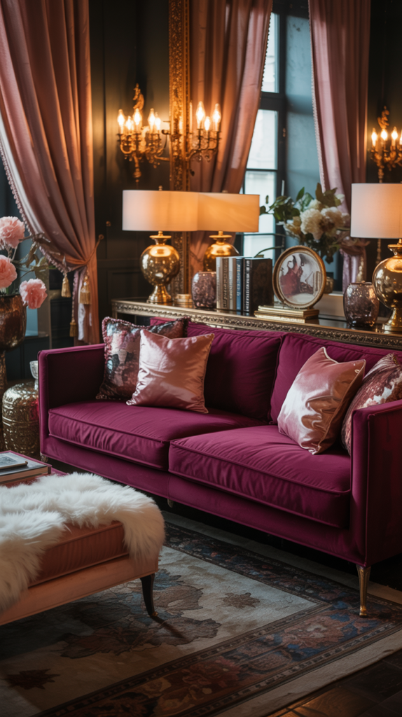 “Romantic maximalist living room with a deep plum velvet sofa, rose-quartz accents, gold lighting, and rich layered textures.”