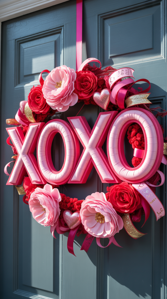 XOXO-themed Valentine wreath in bright red and pink tones hanging on a front door.