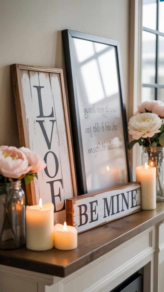 Farmhouse Valentine’s decor with wooden love signs, red and pink flowers, and candles.
