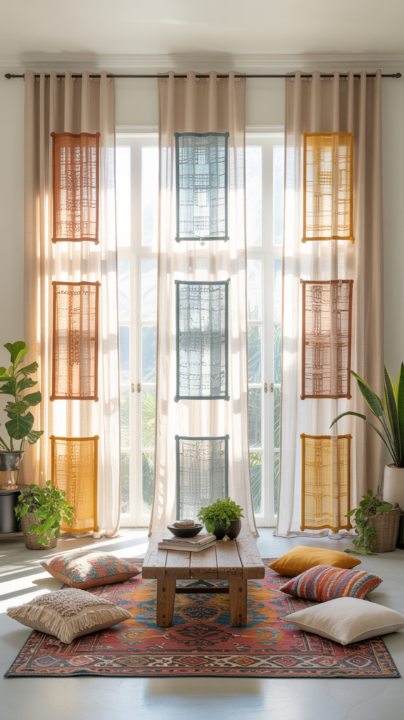 Boho living room with curtains featuring woven textile inserts in warm, colorful tones.