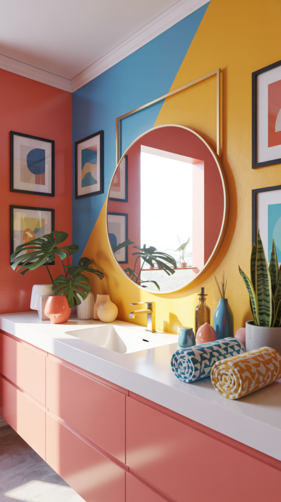 Color-blocked bathroom with bold painted walls, colorful decor, and artistic modern design.