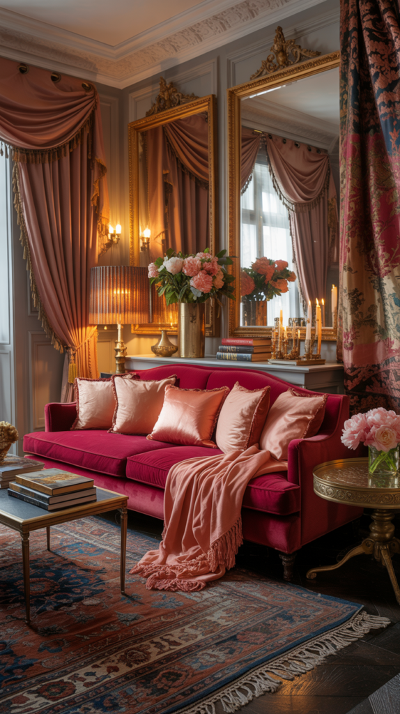 “Romantic living room highlighting a crimson sofa, soft peach textiles, gold lighting, and layered luxury décor.”