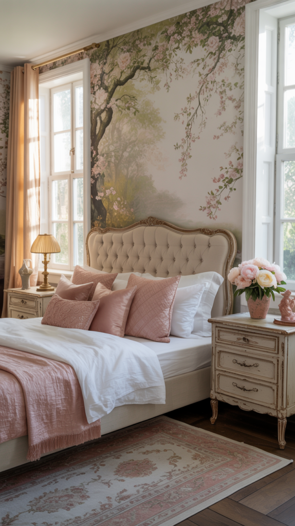 Floral wallpaper accent wall behind the bed in a romantic cottagecore bedroom.