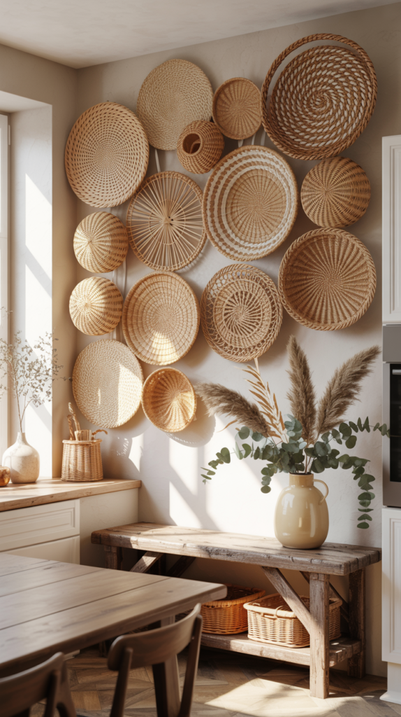 “Boho kitchen wall decorated with woven baskets in different sizes and patterns above a wooden bench, creating a warm earthy look.”
