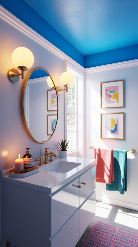 All-pink tile bathroom with colorful decor and bold, playful modern design.