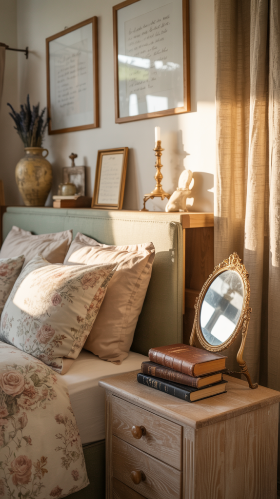 Personal vintage decor pieces adding warmth and character to a cottagecore bedroom.