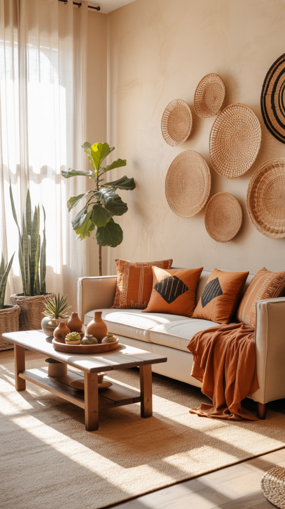 Bright African boho living room with a cream sofa, woven baskets, clay pottery, and warm sunlight creating a calm, soulful atmosphere.
