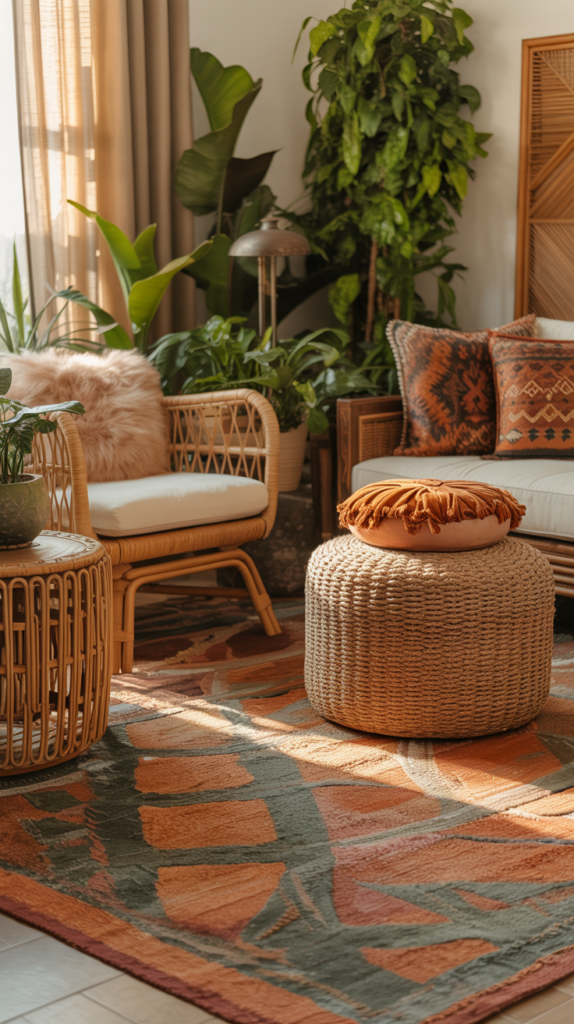 “Rattan and woven furniture styled in a cozy maximalist boho living room.”