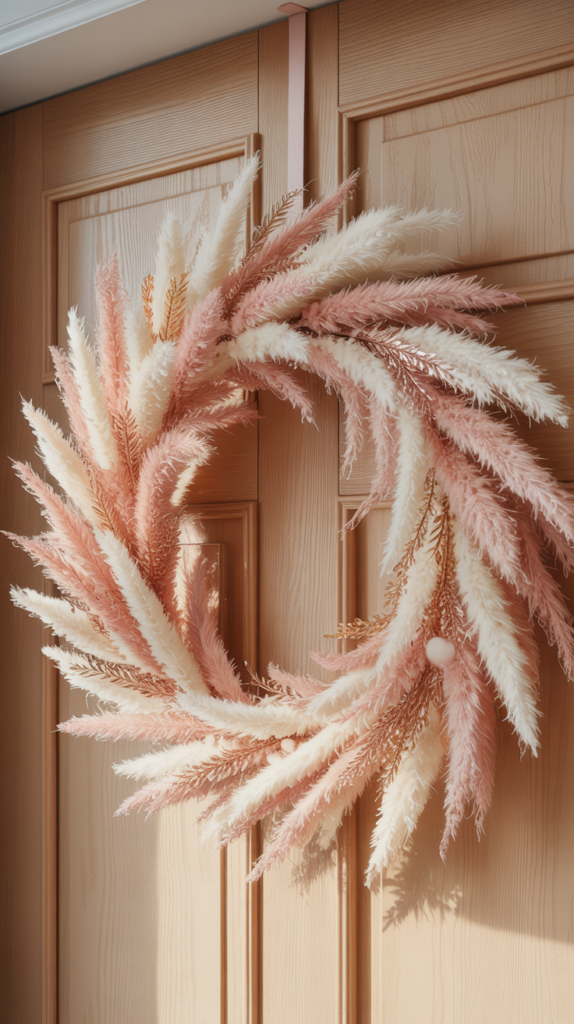 Blush and cream pampas grass Valentine wreath hanging on a neutral boho-style front door.