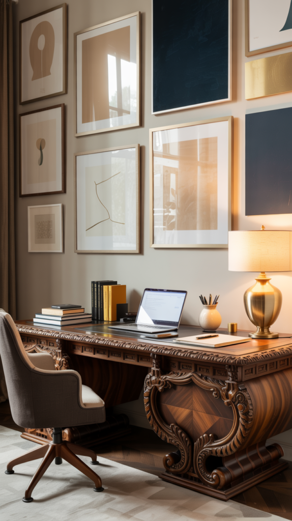 Statement desk serving as the main workspace in a maximalist home office.