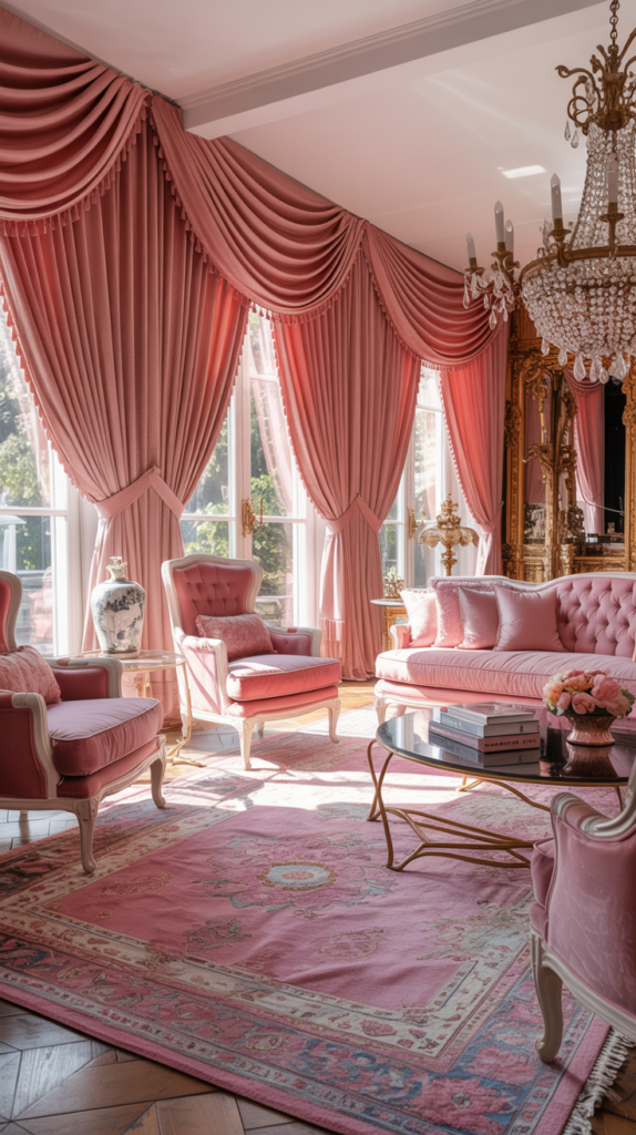 Floor-to-ceiling pink drapery in a luxurious pink maximalist living room.