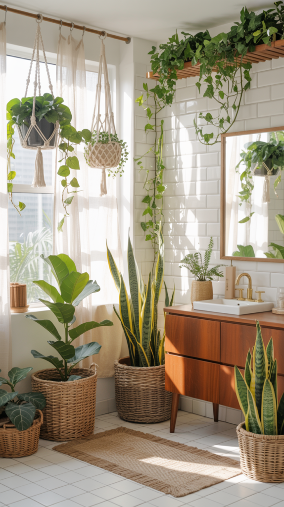 Plant-filled modern boho bathroom with hanging greenery, rattan planters, and warm wood textures.