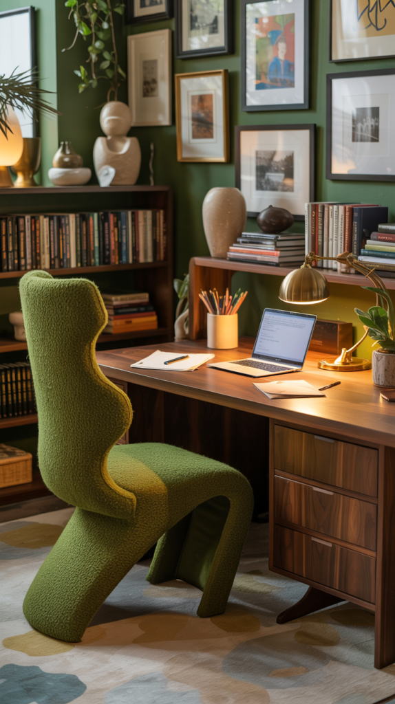 Maximalist home office with a sculptural office chair, layered rugs, and a functional desk workspace.