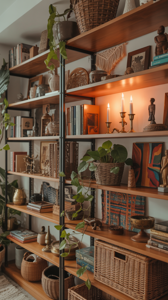 “Boho maximalist shelves styled with books, plants, and textured decor.”