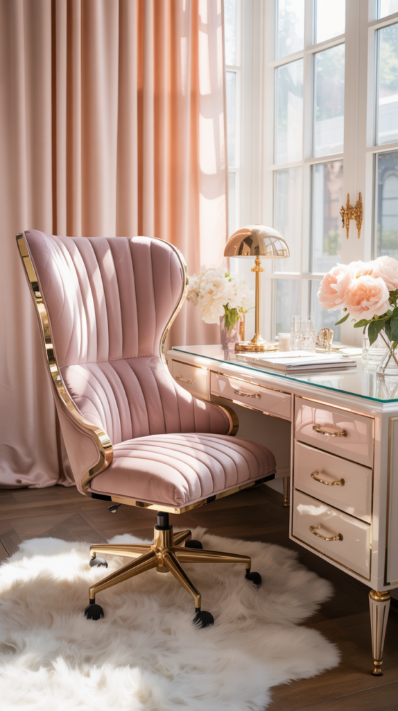 “Glam feminine office with a plush blush velvet chair featuring gold frame and tufted design.”