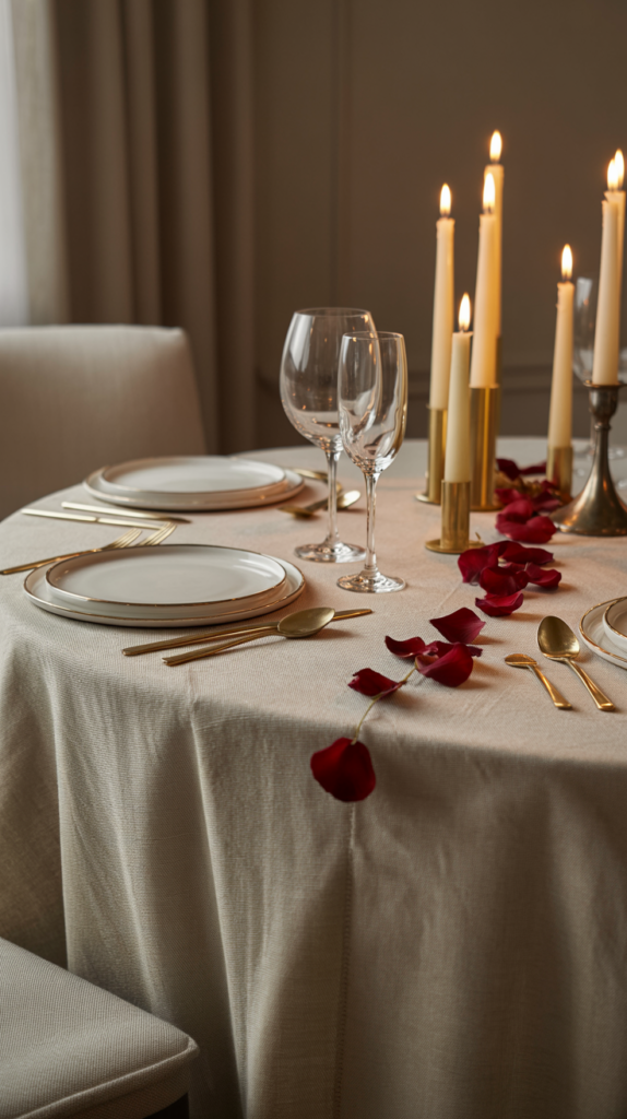 Candlelit Valentine’s Day table decor with rose petals styled in a subtle, elegant way.