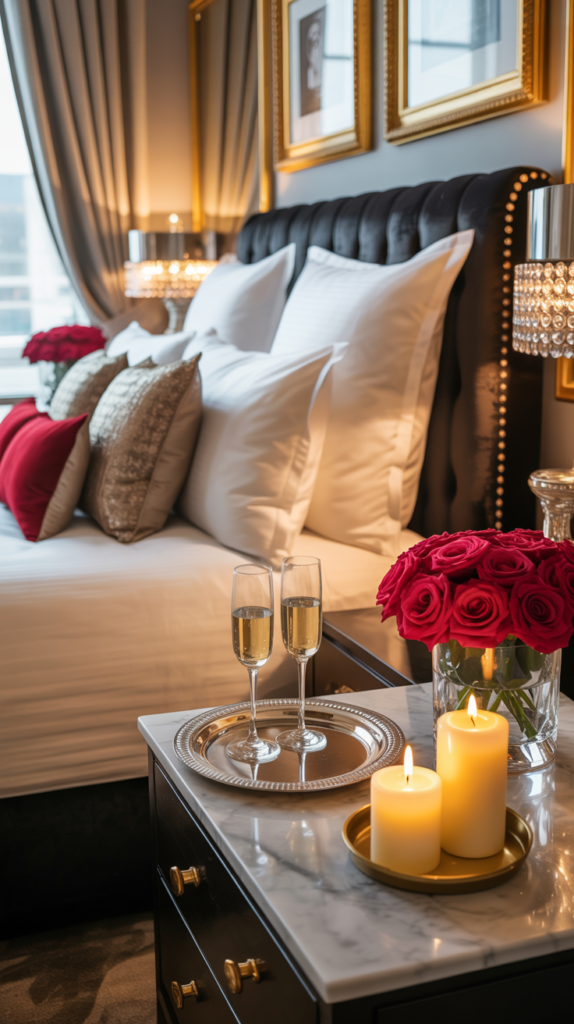 Luxury hotel inspired Valentine bedroom with white bedding, roses, candles, and a romantic bed tray