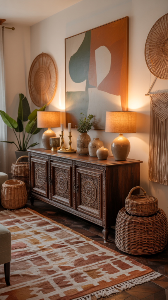 “Vintage boho wooden furniture styled with patterned rugs and textured decor.”