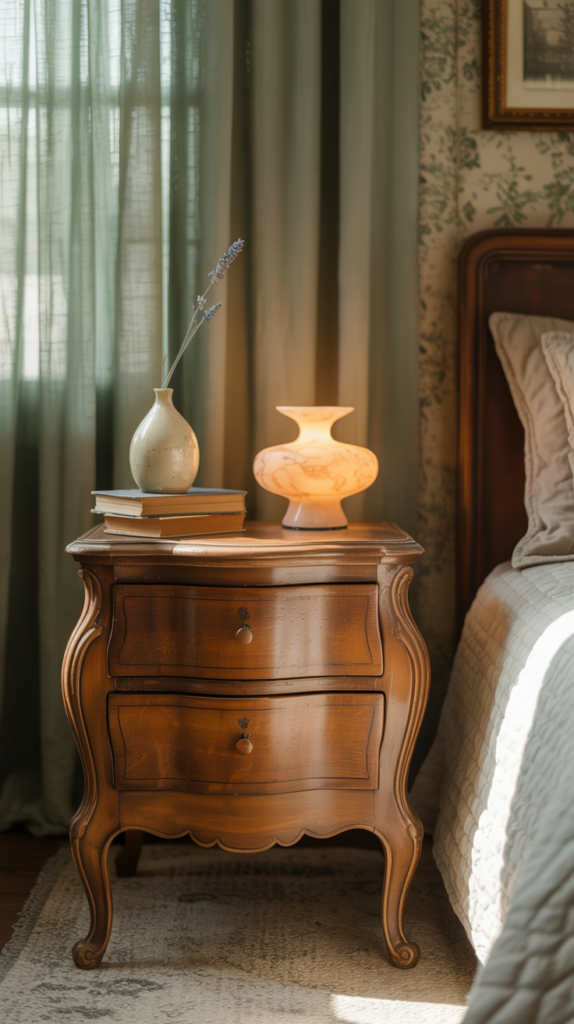 Antique-style nightstand in a cottagecore bedroom styled with books and soft lighting.