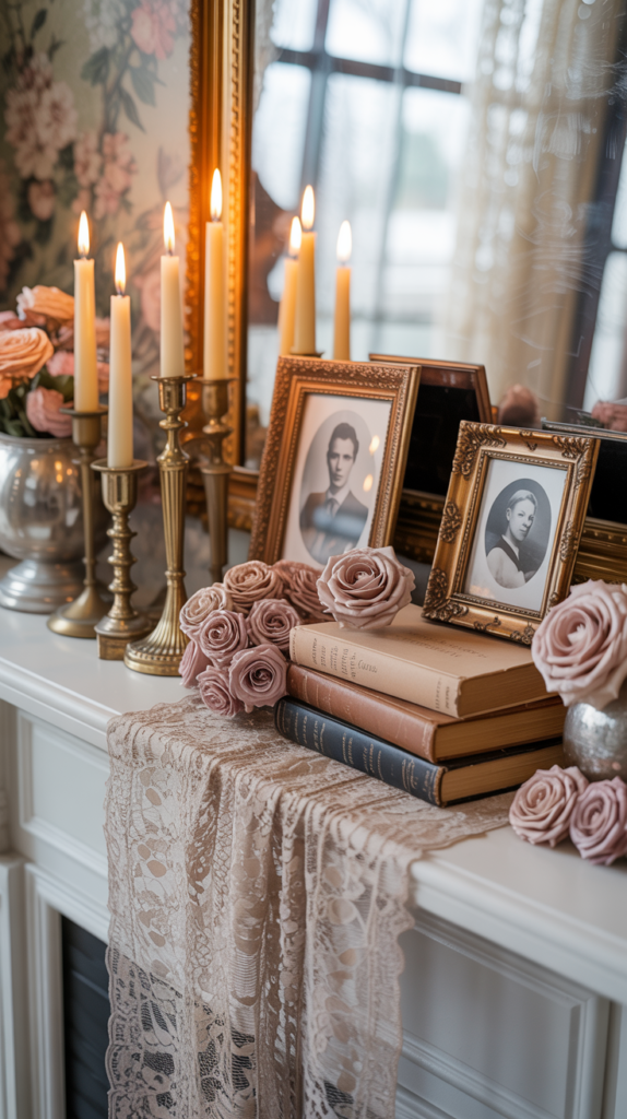 Vintage Valentine mantel with lace, dried flowers, and antique accents for a nostalgic romantic look.