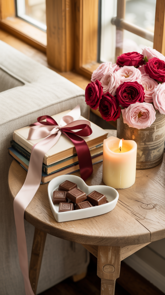 Farmhouse Valentine’s Day decor with red and pink roses, heart dish, books, and candles.