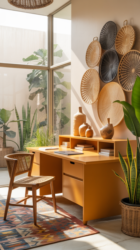 African boho home office with woven textures, warm wood furniture, and patterned rug.