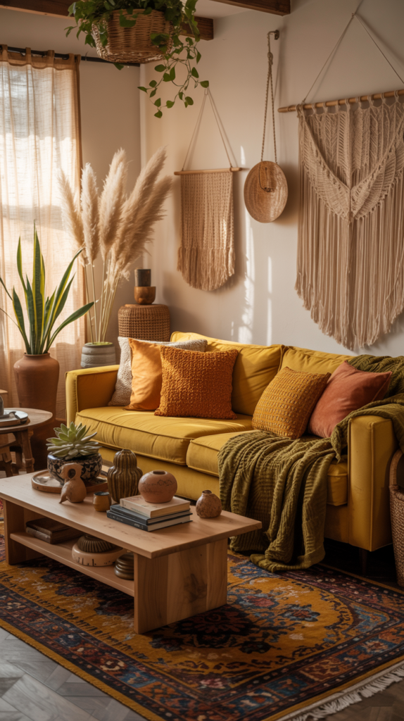 “Cozy maximalist living room decorated with a mustard yellow couch, olive green textiles, rust orange pillows, and warm earthy elements.”