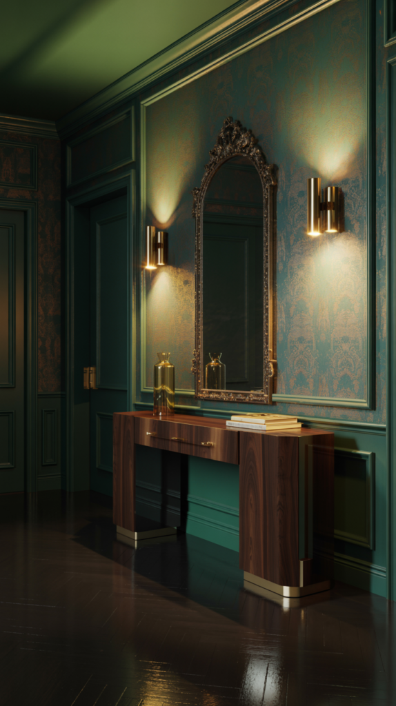 “Entryway with dark moody wallpaper, brass sconces, and a walnut console table.”