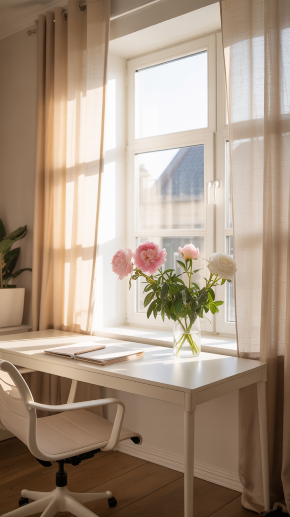 “Feminine office with abundant natural light, sheer curtains, and a bright airy feel.”