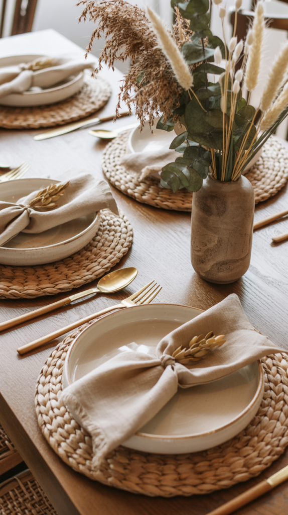 “Boho dining table set with woven placemats, linen napkins, and natural ceramic dishware.”
