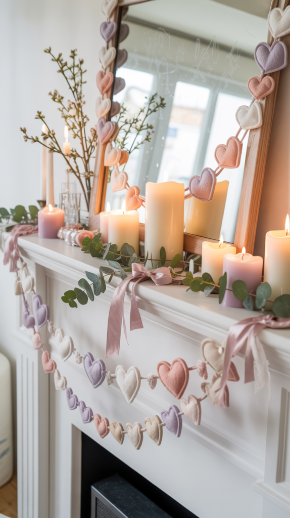 Valentine mantel with layered heart garlands and simple décor for a playful festive look.