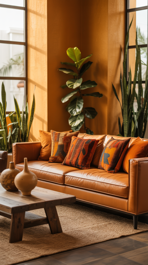Earth-tone African boho living room with a tan sofa, patterned pillows, clay vases, and warm natural light.