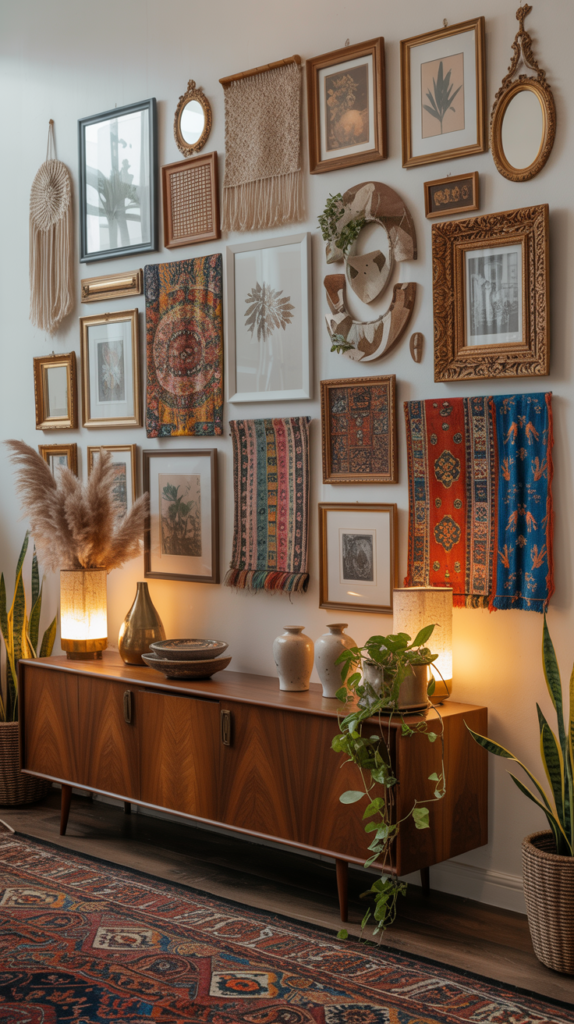 “A maximalist boho gallery wall with mixed art, frames, and woven textures.”