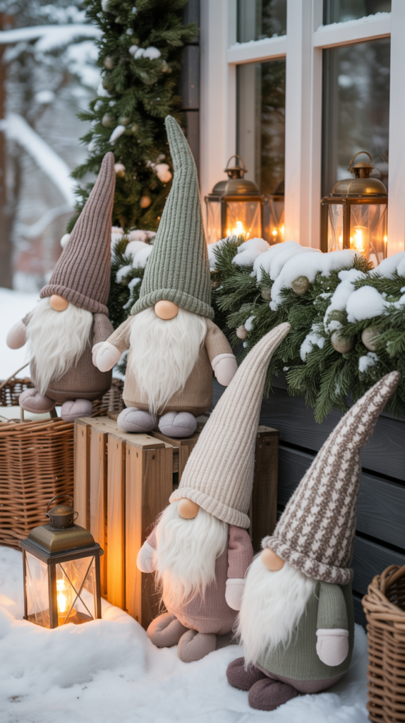 “Scandinavian winter gnomes surrounded by snowy evergreens and lanterns on a cozy porch.”