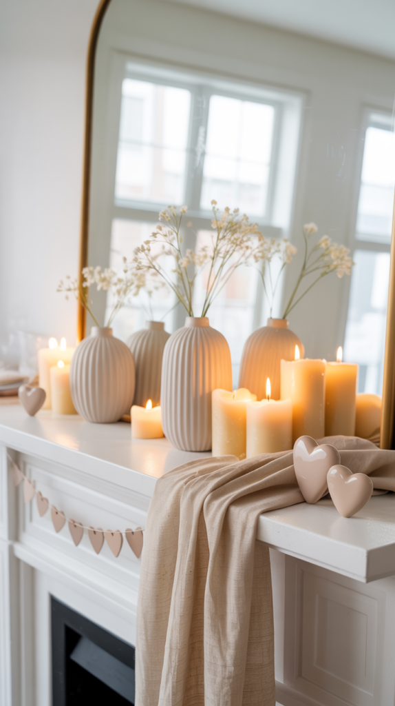 Minimalist neutral Valentine mantel with cream candles, ceramic vases, linen draping, and subtle blush heart accents in a bright, airy setting.