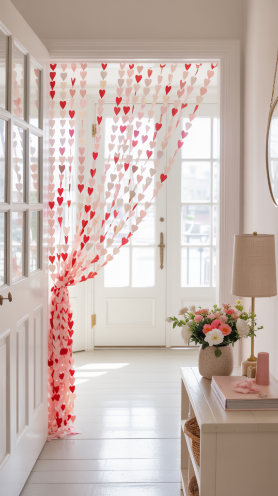 Bright entryway Valentine decor with hanging paper chain heart curtains.
