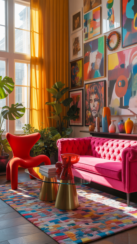 “Vibrant maximalist living room decorated with a hot pink sofa, tangerine curtains, electric red accents, and colorful dopamine-style décor.”