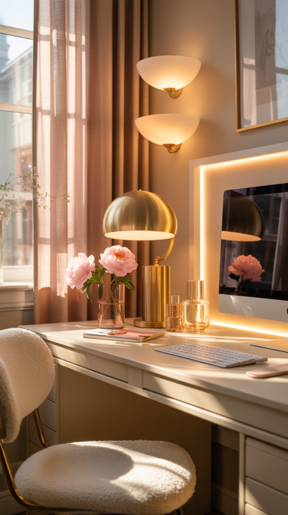 “Warm feminine home office with gold desk lamp, frosted sconces, LED backlighting behind the monitor, and blush curtains creating a soft ambient glow.”