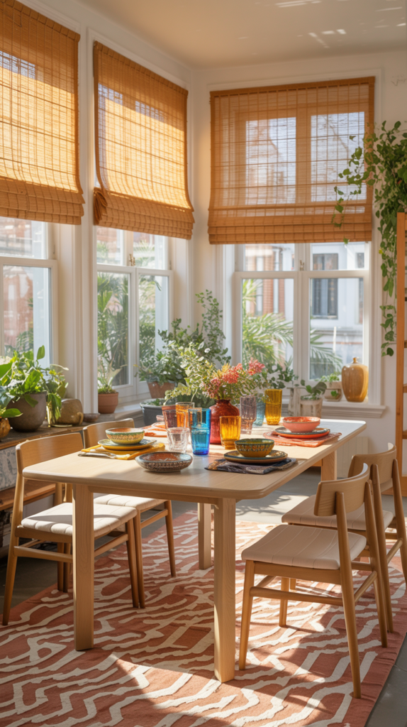 Boho dining room with honey-toned woven Roman shades glowing in bright daylight.