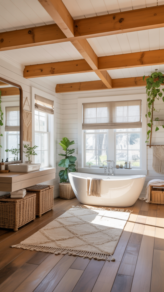 Farmhouse-style boho bathroom with wood accents, plants, and soft neutral textures.
