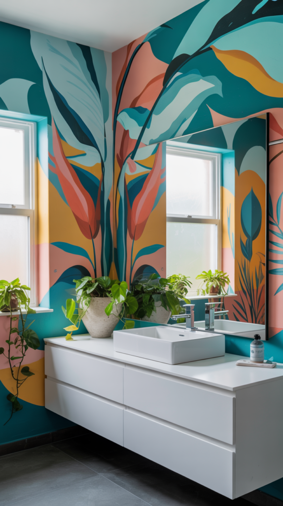 Bathroom with a colorful mural wall and artistic, expressive modern styling.