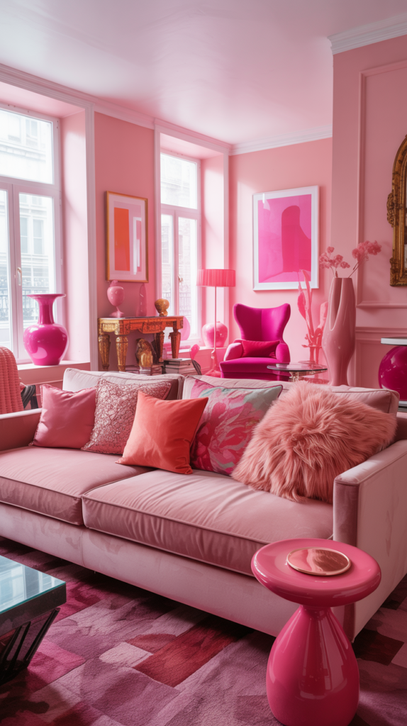 Living room layered with blush, rose, and hot pink tones in a bold pink maximalist design.