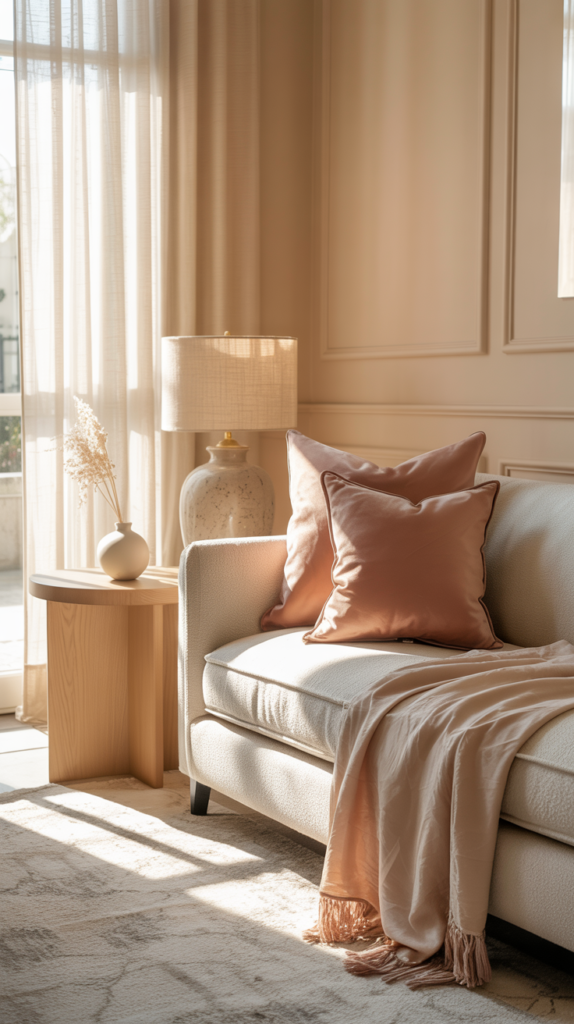 Dusty rose and warm beige room with soft pink accents, neutral furniture, and warm natural light creating a cozy elegant feel.