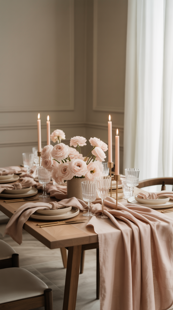 Elegant blush and cream Valentine’s Day table decor with linen tablecloth, ceramic plates, soft florals, and brass candleholders.