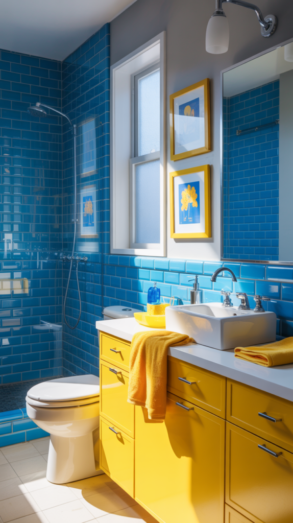 Blue and yellow bathroom with colorful decor, bold tile, and cheerful modern design.