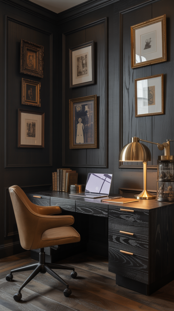 Moody maximalist home office with charcoal walls, brass accents, and warm focused desk lighting.