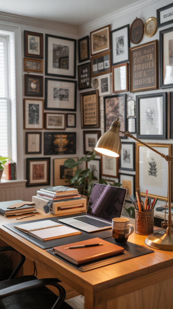 Maximalist home office with a functional desk and a large eclectic gallery wall behind it.