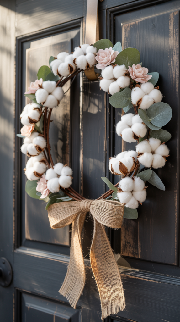Cotton farmhouse Valentine wreath with pink accents hanging on a rustic door.