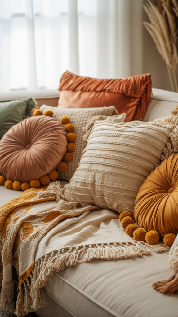 “Boho throws and pillows with tassels and fringe in warm earthy tones.”