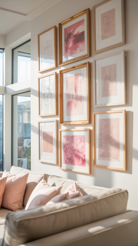 A modern gallery wall featuring blush abstract prints and line drawings in gold and wood frames above a bright, airy living room.